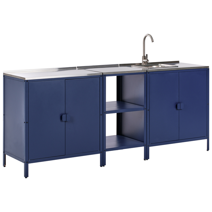 Beliani-VILAMA-Tuinkookeiland met kast en spoelbak 3-delig-Blauw-RVS