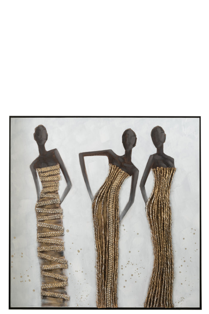 J-Line wanddecoratie 3 Afrikaanse Vrouwen - canvas|verf|touw - mix