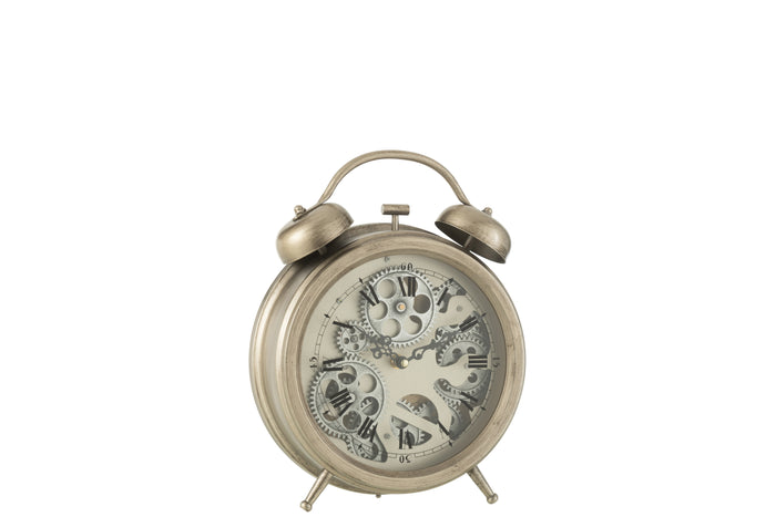 J-line - Klok Wekker Romeinse Cijfers Tandwielen Zilver - 27x33x8cm