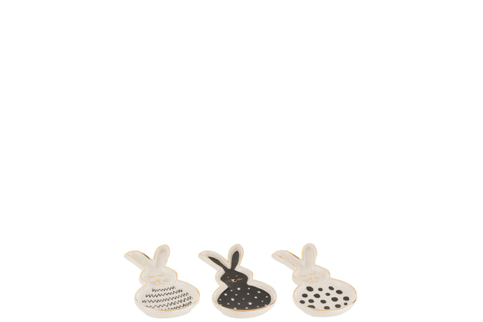 J-Line schaal Konijn - keramiek - zwart|wit|goud - small - 3 stuks - paasdecoratie