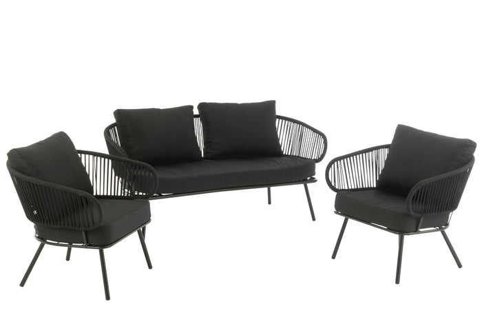 J-Line stoel|bank Poa - metaal|rotan - zwart - set van 3
