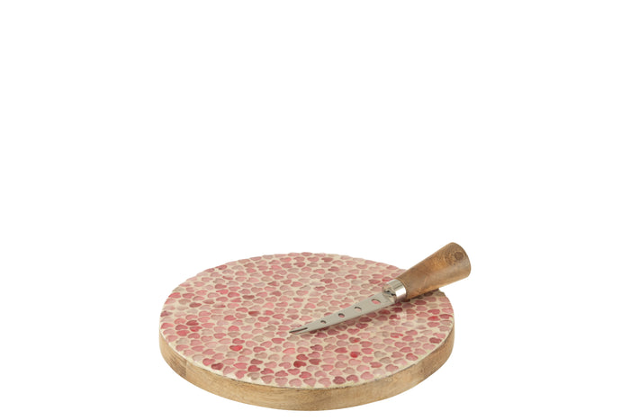 J-Line kaasplank + mes Rond Mozaiek - hout - roze