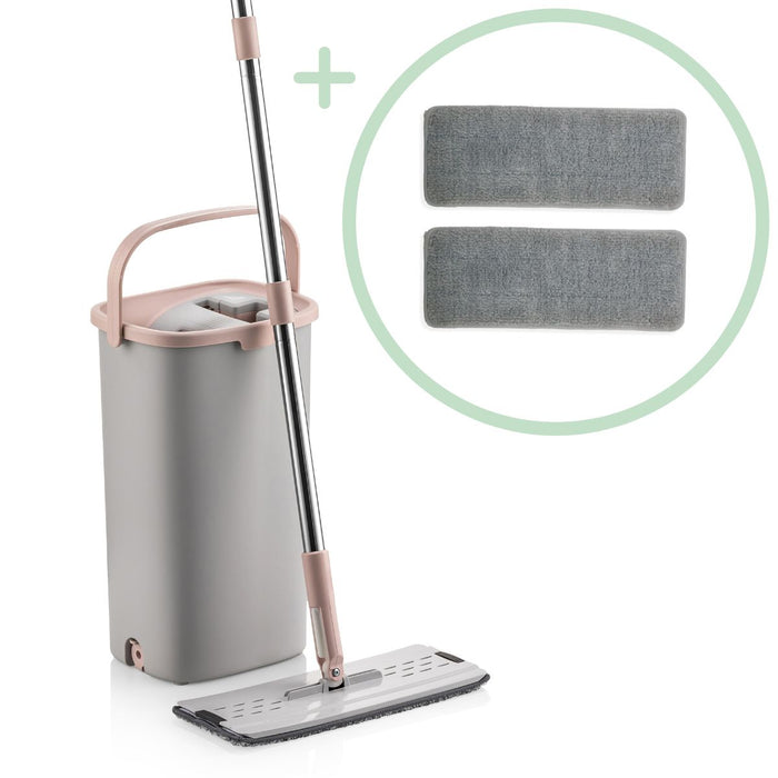 Flat Mop PRO, Platte Dweil met Dweilsysteem en 2x Microvezeldoek, Grijs|Roze
