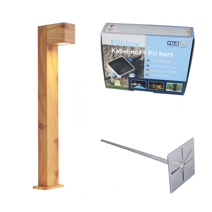 QAZQA Buitenlamp aluminium met hout print met grondpin en kabelmof