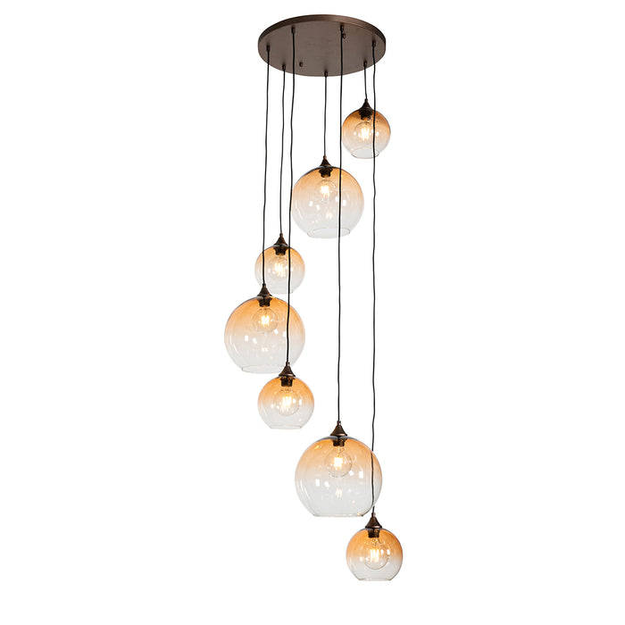 QAZQA Smart hanglamp donkerbrons met amber glas 7-lichts incl. 7 Wifi