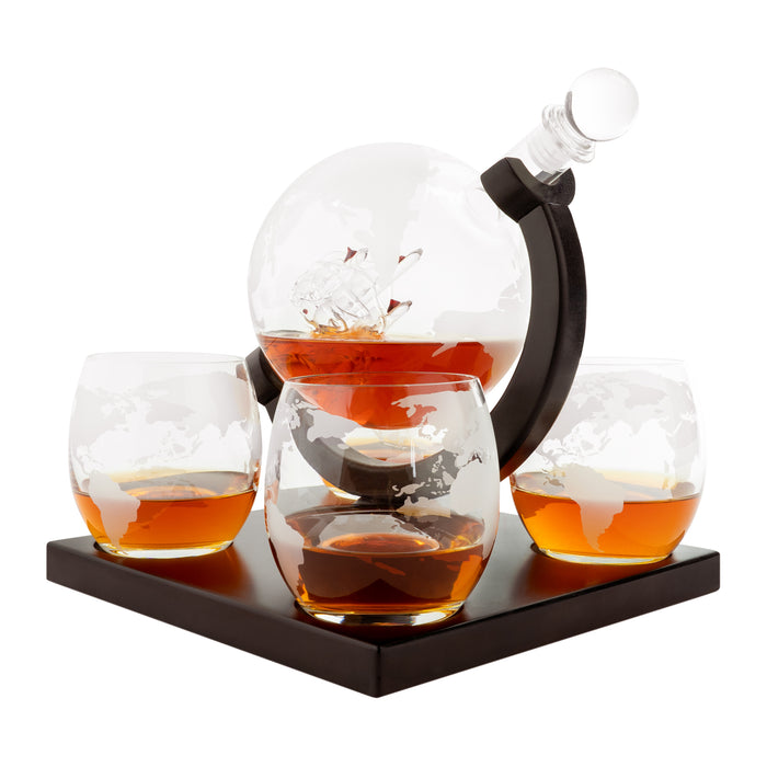 Aretica Luxe Whiskey Karaf wereldbol met 4 glazen