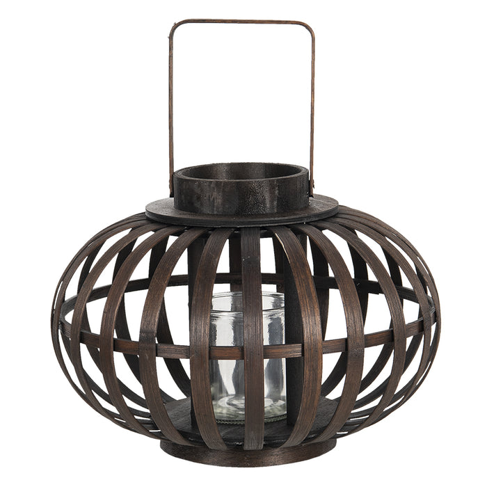 Clayre & Eef Windlicht Ø 34x23 cm Bruin Hout Glas Rond Kaarsenhouder