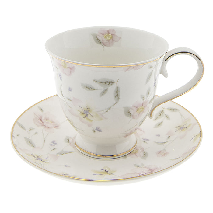 Clayre & Eef Kop en schotel 220 ml Wit Roze Porselein Rond Bloemen