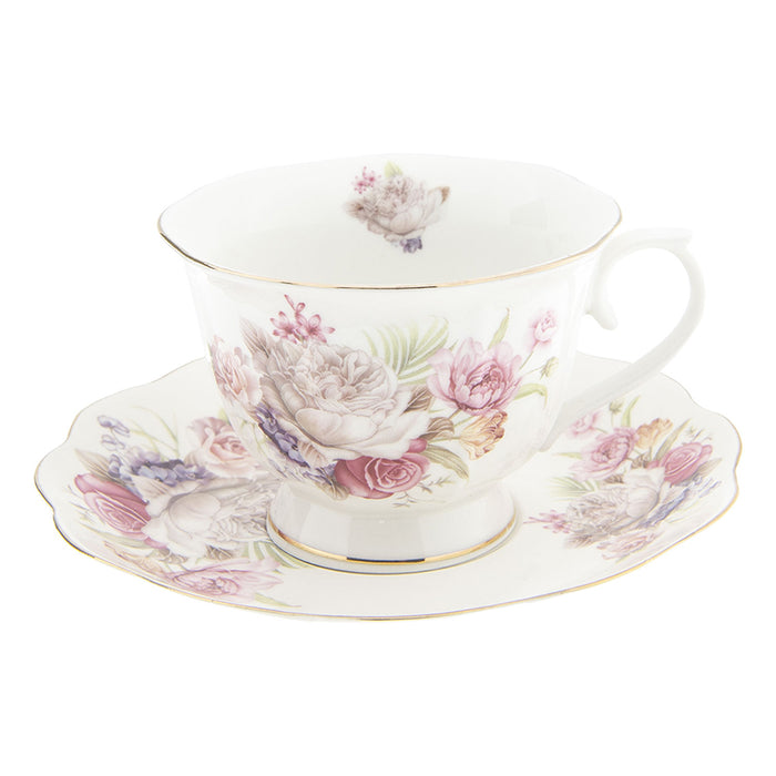 Clayre & Eef Kop en schotel 250 ml Roze Wit Porselein Rond Bloemen