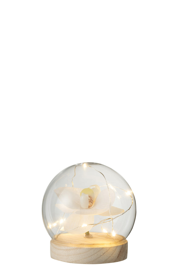 J-Line Stolp Bol Led Bloemen Glas|Hout Wit|Naturel Small