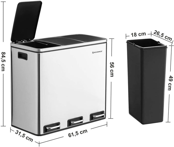Hoppa! | Driedubbele Afvalbak | 3x 18 Liter - Zilver - RVS