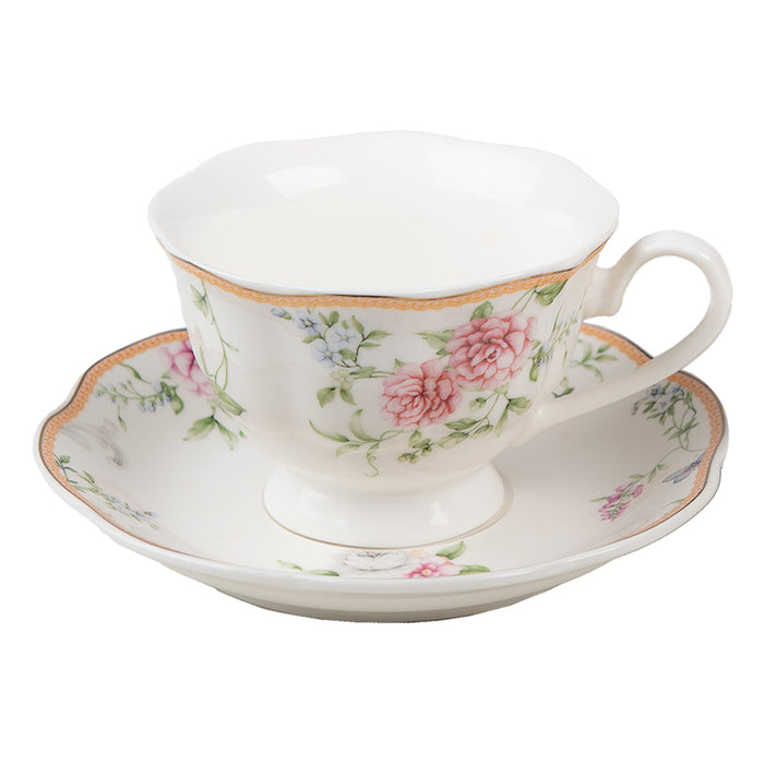 Clayre & Eef Kop en schotel Set van 2 220 ml Wit Roze Porselein