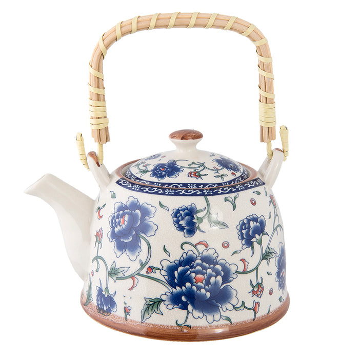 Clayre & Eef Theepot met Filter 700 ml Blauw Keramiek Rond Bloemen