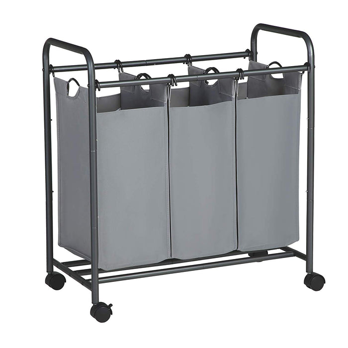 Mobiele wasmand - 3 vakken van elk 44 liter - 77x41x81.5 cm - grijs