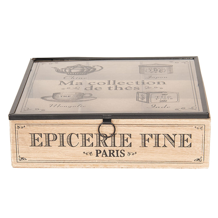 Clayre & Eef Theedoos 9 vakken 24x24x7 cm Bruin Hout Glas Vierkant