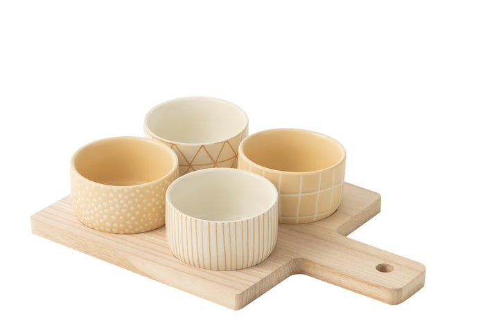 J-Line tapasplank 4 kommen + bambouschaal In Doos - keramiek|hout - wit|creme