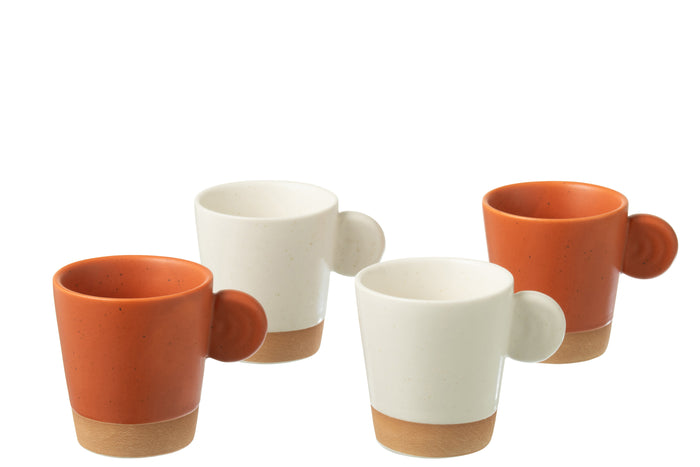 J-Line koffietas Met Oor + Bamboubasis - keramiek - wit|oranje - doos van 4