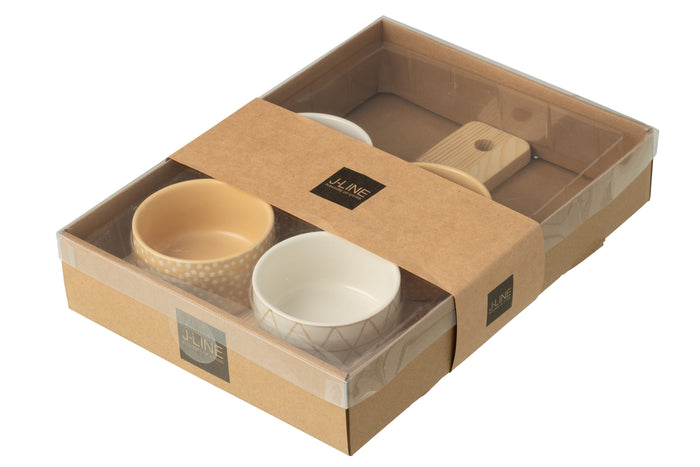 J-Line tapasplank 4 kommen + bambouschaal In Doos - keramiek|hout - wit|creme