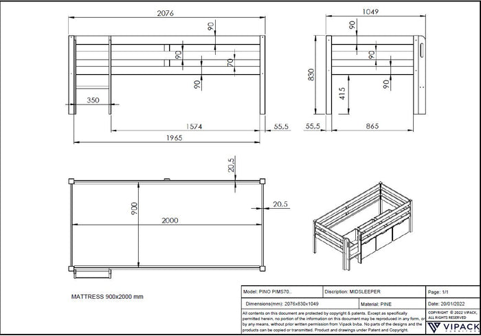 LUCEVI - Pino Halfhoogslaper met Ladder 90x200cm - Grijs - H85CM