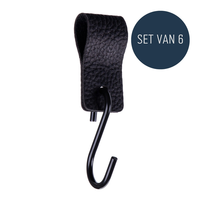 QUVIO S haak met leren bandje - Zwart - set van 6