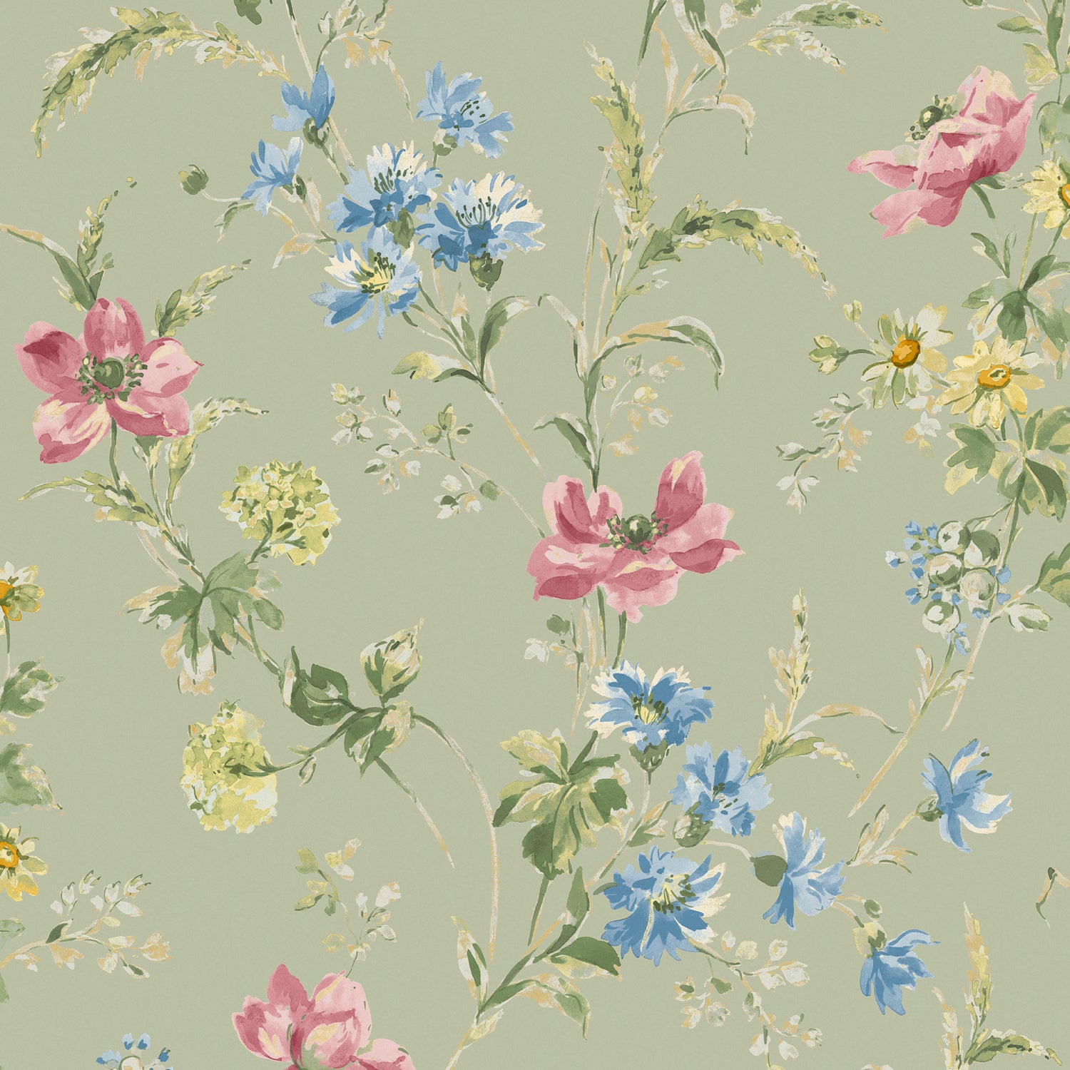 Laura Ashley Poppy Meadow Behang - Bloemen - 10mx52cm - Groen