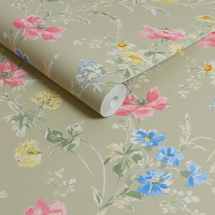 Laura Ashley Poppy Meadow Behang - Bloemen - 10mx52cm - Groen