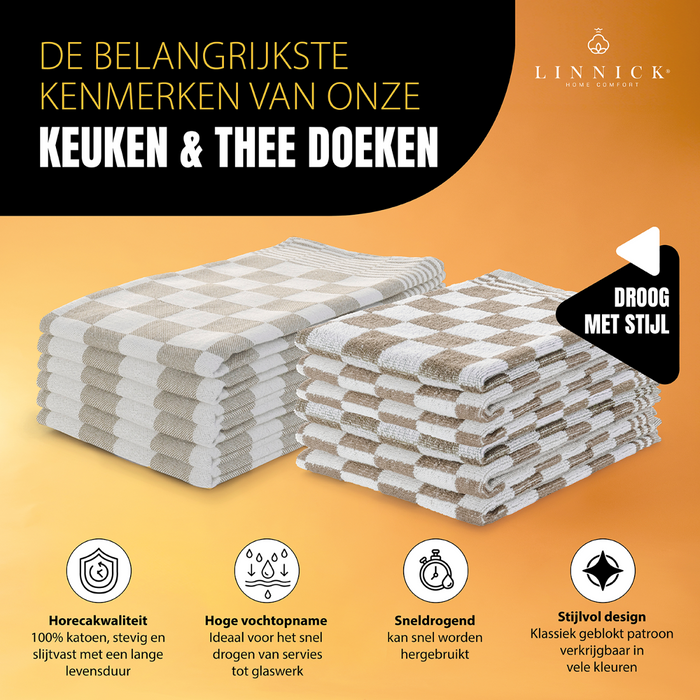 LINNICK Theedoeken & Keukendoeken Set Blok - zand - set van 20