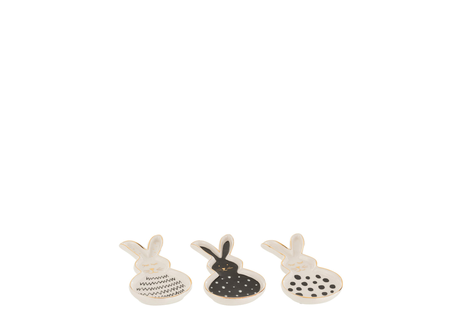 J-Line schaal Konijn - keramiek - zwart|wit|goud - small - 3 stuks - paasdecoratie