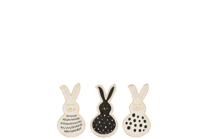 J-Line schaal Konijn - keramiek - zwart|wit|goud - small - 3 stuks - paasdecoratie