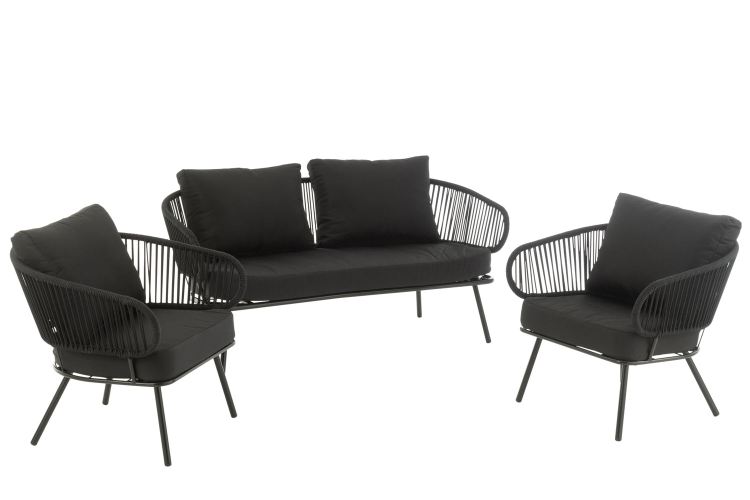 J-Line stoel|bank Poa - metaal|rotan - zwart - set van 3