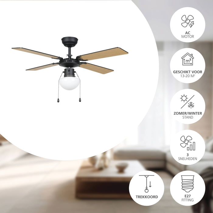 EGLO Fortaleza Plafondlamp met ventilator - AC E27 - Zwart|Hout