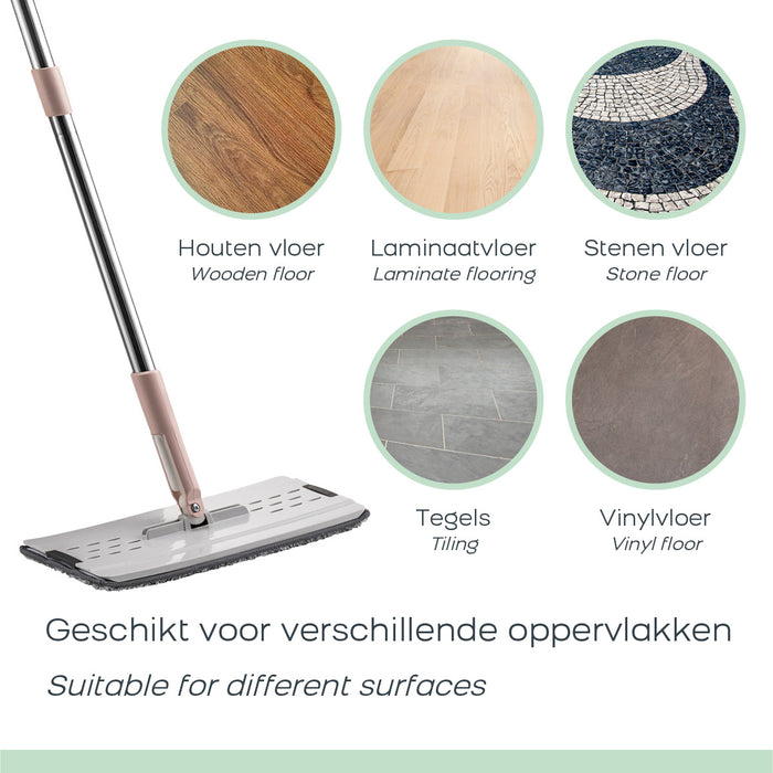 Flat Mop PRO, Platte Dweil met Dweilsysteem en 2x Microvezeldoek, Grijs|Roze
