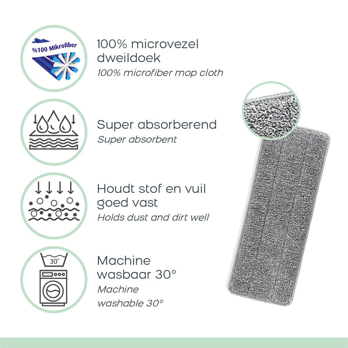 Flat Mop PRO, Platte Dweil met Dweilsysteem en 2x Microvezeldoek, Grijs|Roze