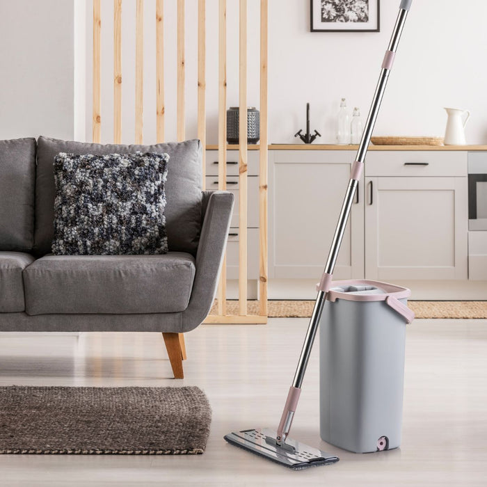 Flat Mop PRO, Platte Dweil met Dweilsysteem en 2x Microvezeldoek, Grijs|Roze