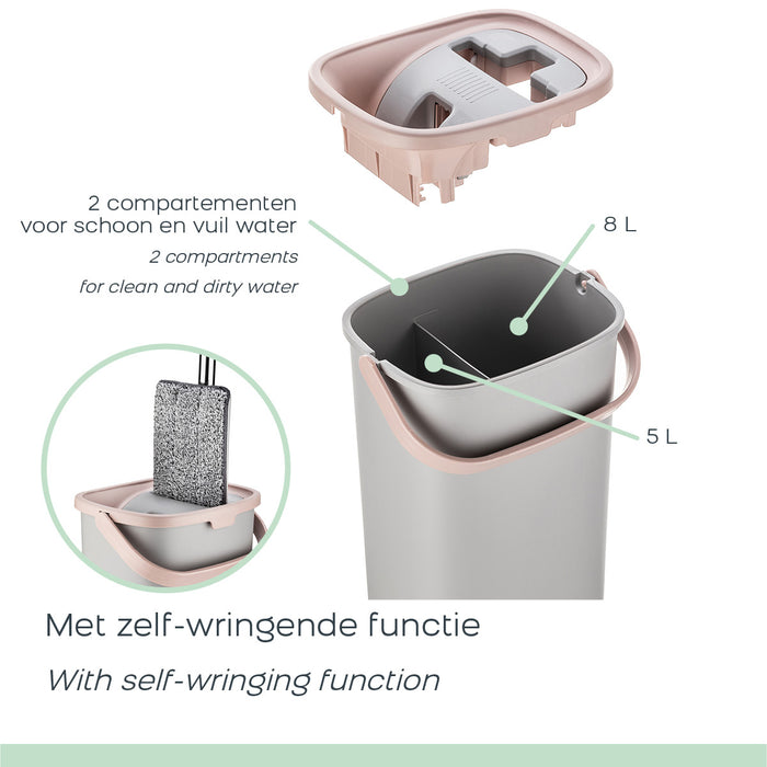 Flat Mop PRO, Platte Dweil met Dweilsysteem en 2x Microvezeldoek, Grijs|Roze