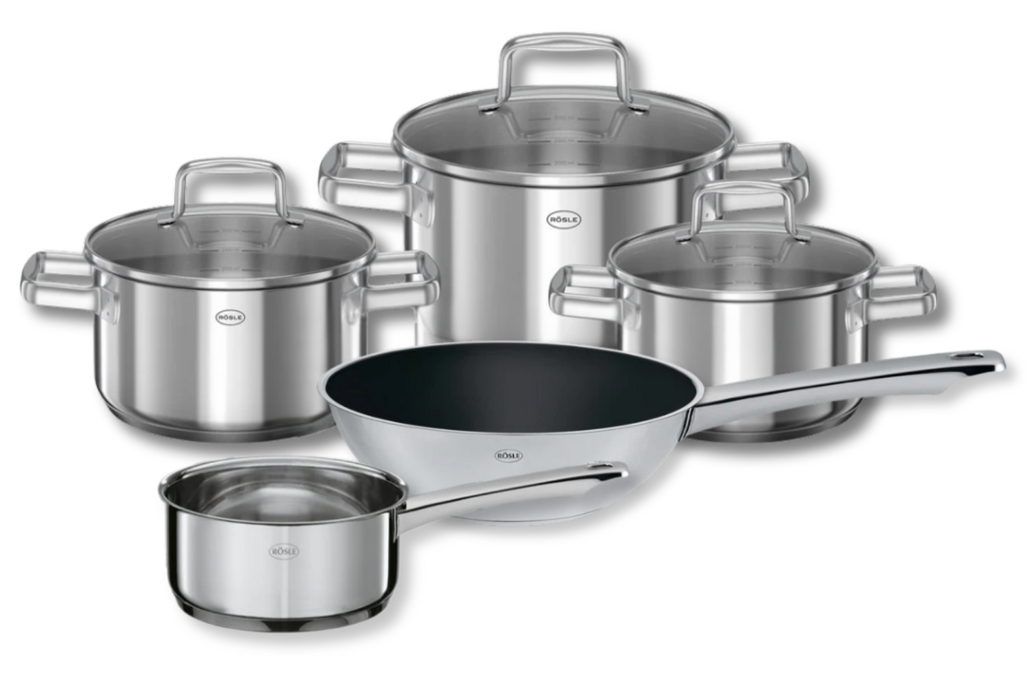 Rosle Pannenset Moments - Kookpannen + Deksels, Steelpan & Wokpan ø 28 cm - 5 Delig