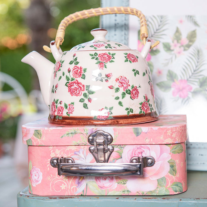 Clayre & Eef Theepot met Filter 700 ml Beige Roze Keramiek Bloemen