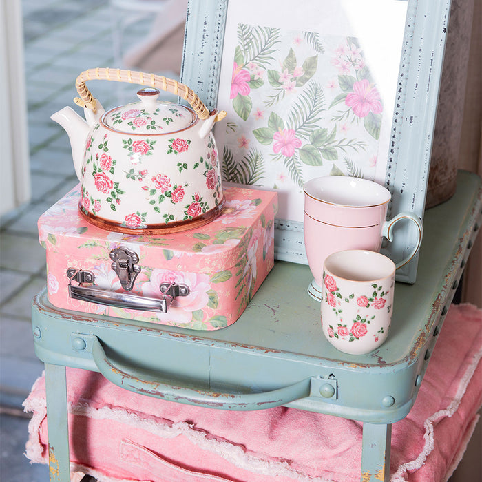 Clayre & Eef Theepot met Filter 700 ml Beige Roze Keramiek Bloemen