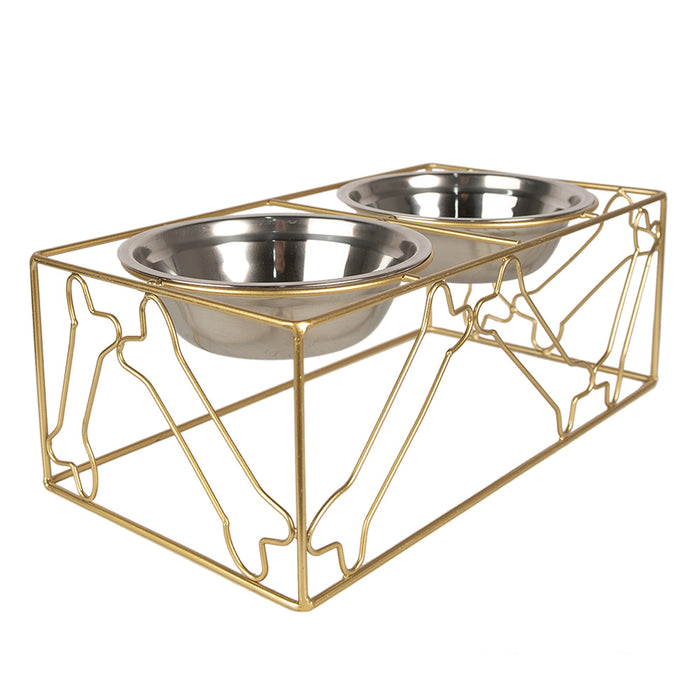 Clayre & Eef Voerbak Hond   2x500 ml Goudkleurig Ijzer Kluiven Voerbak