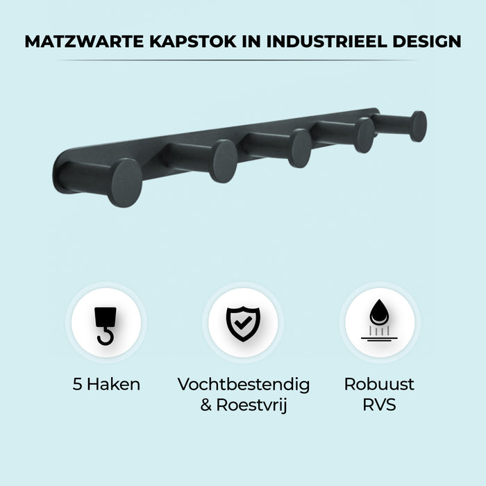 XIVADA Kapstok Hangend - Boren - 5 Haken - Rvs - 37 cm - Zwart