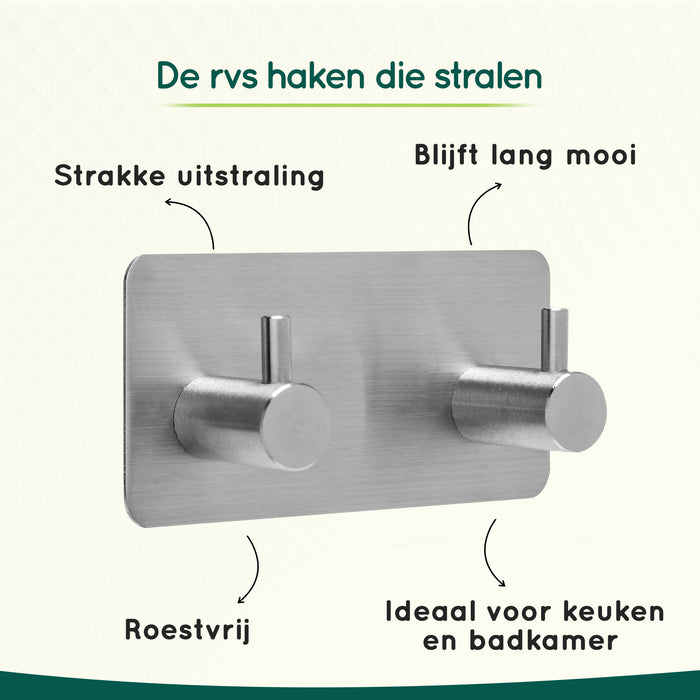 XIVADA Handdoekhaken Duo - Rvs - Plakstrip - Zilver - 2 in 1