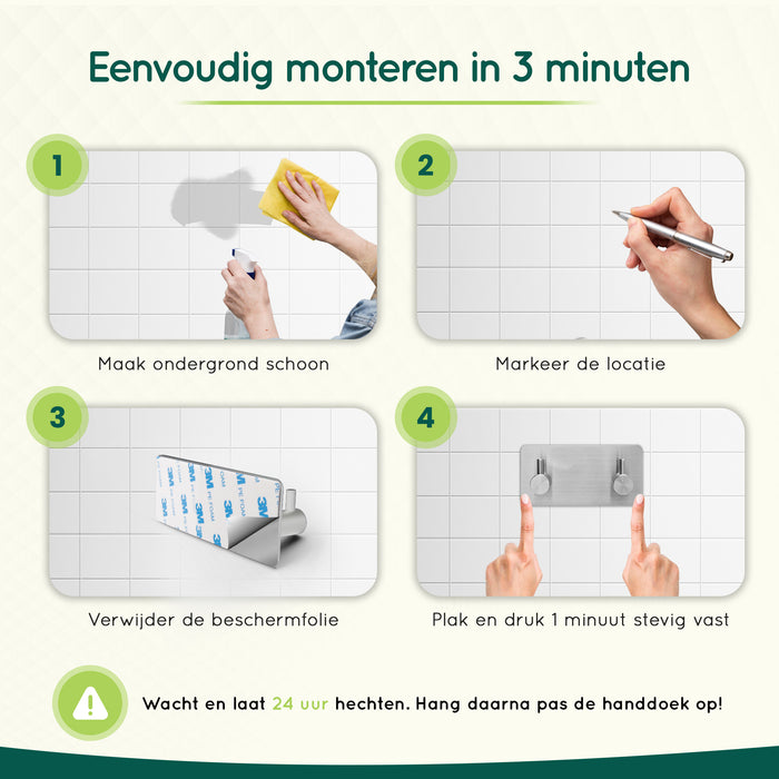 XIVADA Handdoekhaken Duo - Rvs - Plakstrip - Zilver - 2 in 1