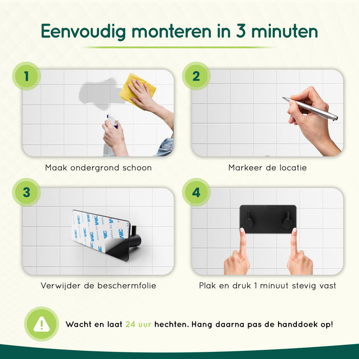 XIVADA Handdoekhaken Duo - Rvs - Plakstrip - Zwart - 2 in 1