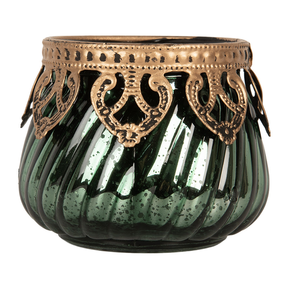Clayre & Eef Waxinelichthouder Ø 8x7 cm Groen Glas