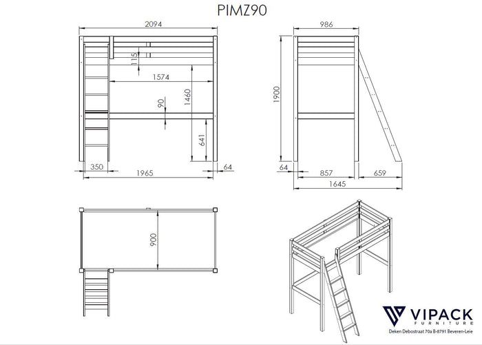 LUCEVI - Pino Mezzanine bed + Ladder + Bureau - Grijs - 90x200 cm