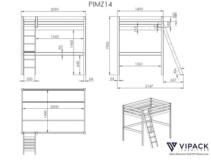 LUCEVI - Pino Mezzanine bed + Ladder + Bureau - Grijs - 140x200 cm