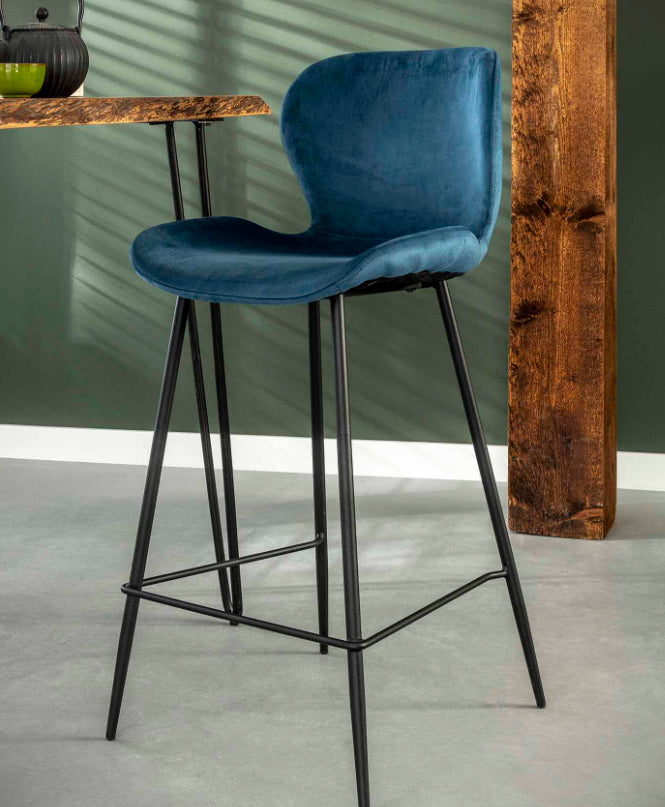AnLi Style Barstoel velvet ronde buis - Velours blauw - set van 4