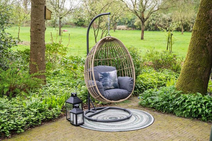 Panama hangstoel - eivorm - carbon black - natural rotan - mystic grey