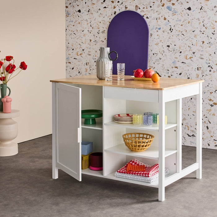 sweeek - 3-in-1 keukeneiland, 5 planken, 1 deur, 1 lade, 120cm