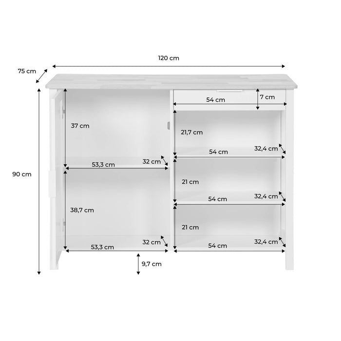 sweeek - 3-in-1 keukeneiland, 5 planken, 1 deur, 1 lade, 120cm